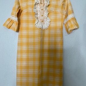Vintage 1979’s Plaid And Lace Dress / Prairie Cottage Core Dress/white & orange